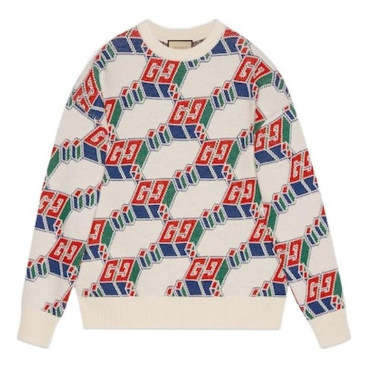 Gucci Square GG And Geometric Wool Sweater 'Ivory Multi-Color' 763415-XKDOV-9275