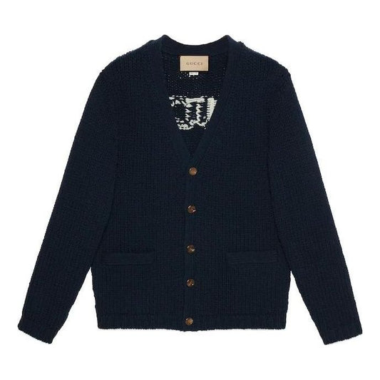 Gucci Knit Wool Cardigan With Gucci Intarsia 'Dark Blue' 761541-XKDK4-4492